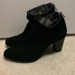 Adrienne Vitadini fine leather black bootie with 3” stacked heel.